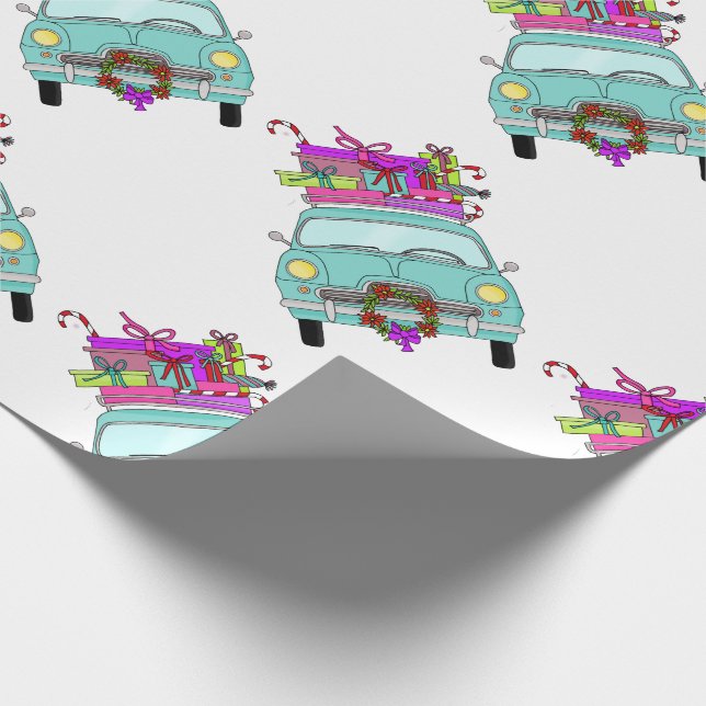 Papel De Presente Carro Azul com Presentes de Natal (Ponta)