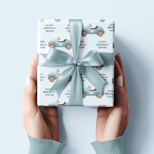 Papel De Presente Carro Azul De Aquarela   Feliz aniversário