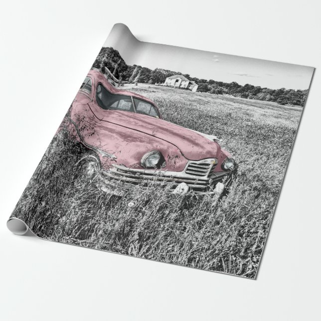 Papel De Presente Carro Clássico Rosa (Desenrolado)