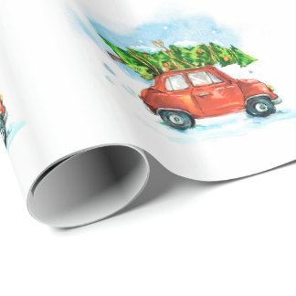Papel De Presente Carro de Aquarela com árvore de Natal