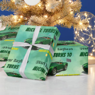 Papel De Presente Carro Festa de aniversário Verde de 10 anos