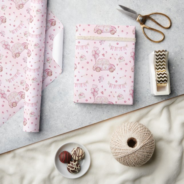 Papel De Presente Carro Fofo Rosa Dia dos Namorados (Artesanato)