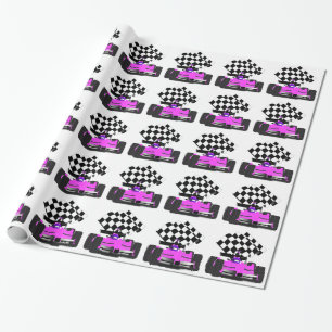 Papel De Presente Carro Race Rosa Girly com Bandeira Verificada