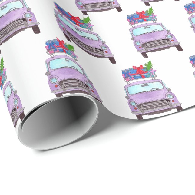 Papel De Presente Carro Roxo com Dons de Natal (Ponta do rolo)