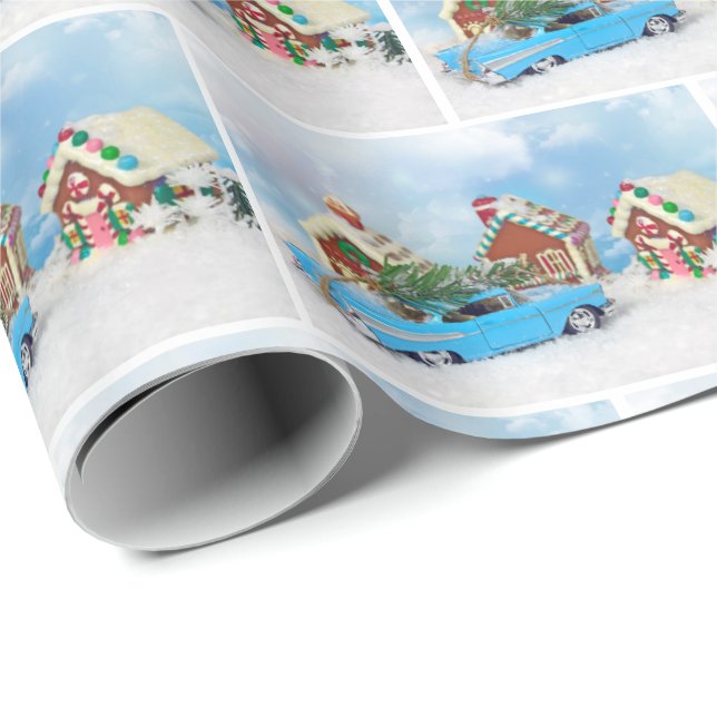Papel De Presente carro velho Chevy com casa de pão de Natal (Ponta do rolo)