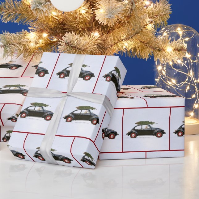 Papel De Presente Carro Velho com Árvore de Natal e Cão (Feriados)