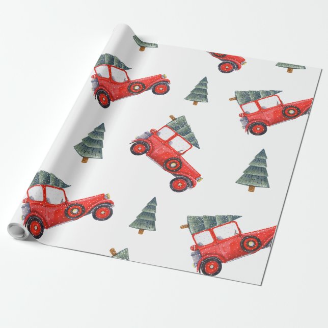 Papel De Presente Carro Vermelho de Feriado e Árvore de Natal (Desenrolado)