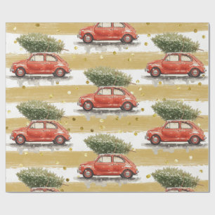 Papel De Presente Carro vermelho de Natal alegre com árvore de Natal