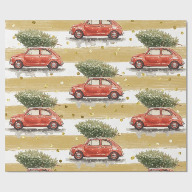 Papel De Presente Carro vermelho de Natal alegre com árvore de Natal (Aberto)