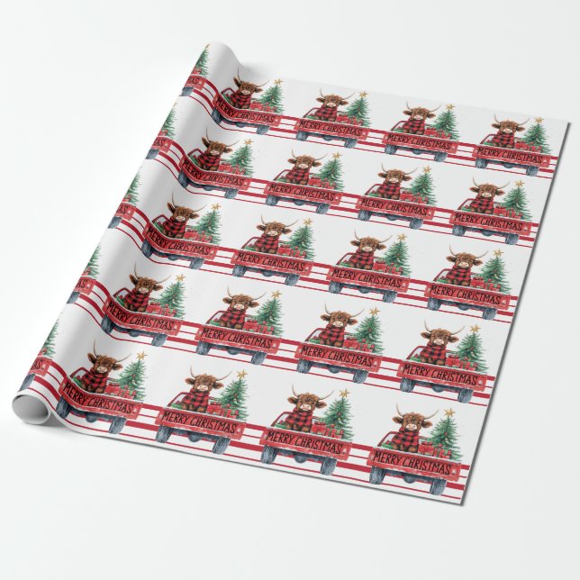 Papel De Presente Carro vermelho feliz de Natal com árvore de Natal (Desenrolado)