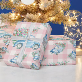 Papel De Presente Carro vintage Azul de Natal Rosa Gingham