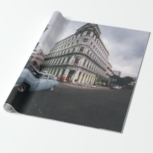 Papel De Presente Carro vintage Clássico Azul Cityscape
