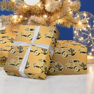 Papel De Presente Carro vintage Dourado Preto de Luxo
