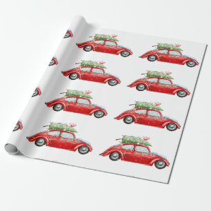 Papel De Presente Carro vintage Vermelho e Árvore Natal Aquarela