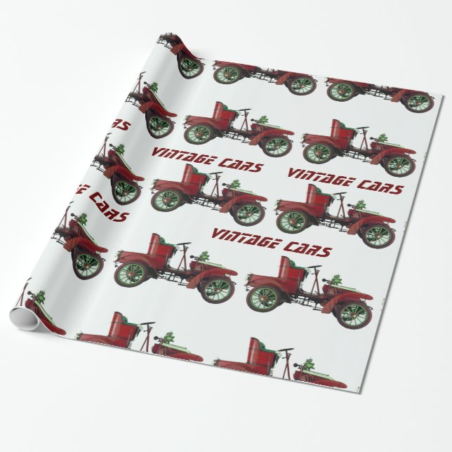 Papel De Presente CARROS ANTIGOS Vermelho Preto Branco (Desenrolado)