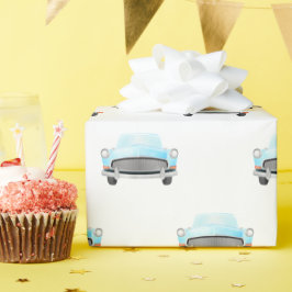 Papel De Presente Carros Clássicos Azuis de Aniversário Vintage