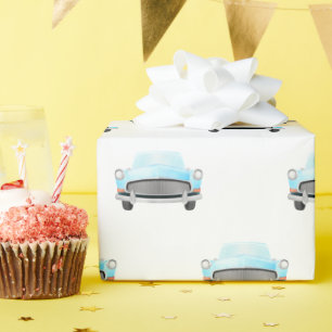 Papel De Presente Carros Clássicos Azuis de Aniversário Vintage