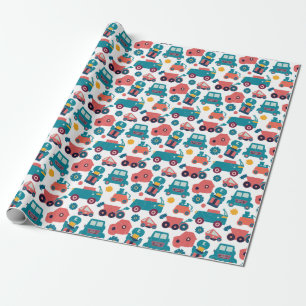 Papel De Presente Carros e Caminhões e Flores Azuis