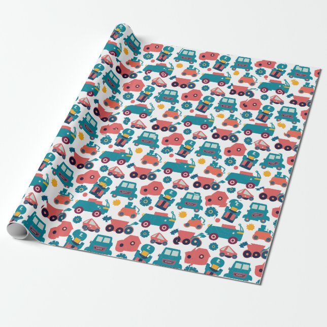 Papel De Presente Carros e Caminhões e Flores Azuis (Desenrolado)
