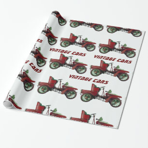 Papel De Presente CARROS VINTAGE Vermelho Preto Branco