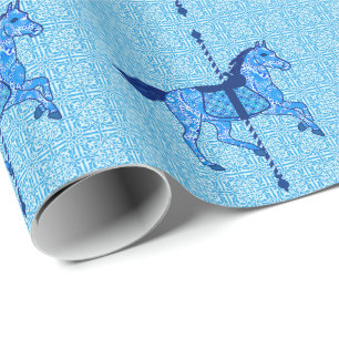Papel De Presente Carrossel Horse - Cobalto e Azul-Céu