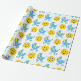 PAPEL DE PRESENTE CARRUAGEM AZUL E AMARELO DE BEBÊ E SOL AMARELO