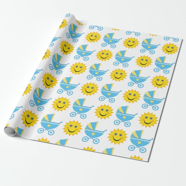 PAPEL DE PRESENTE CARRUAGEM AZUL E AMARELO DE BEBÊ E SOL AMARELO (Desenrolado)