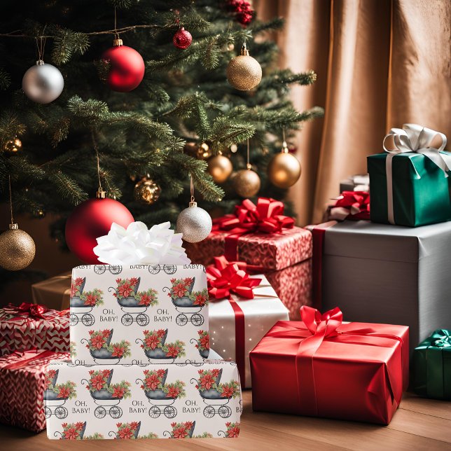 Papel De Presente Carruagem Bebê Poinsettia Oh Bebê Natal (Criador carregado)