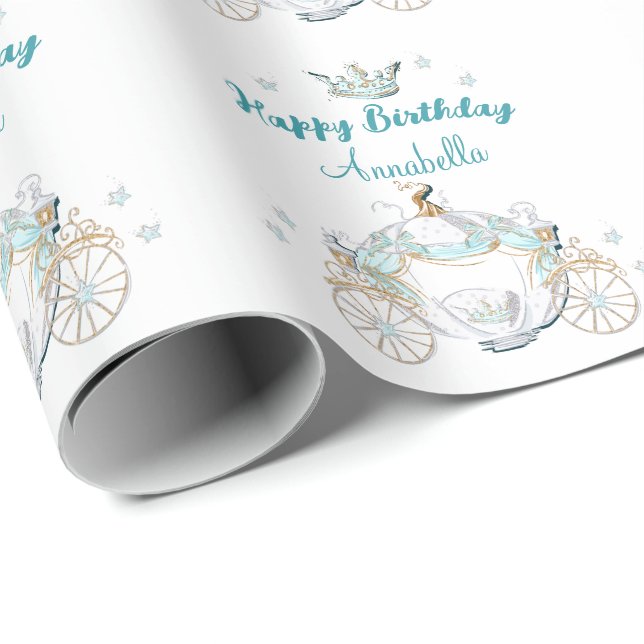 Papel De Presente Carruagem da Princesa Cinderela em Verde Azul e Do (Ponta do rolo)