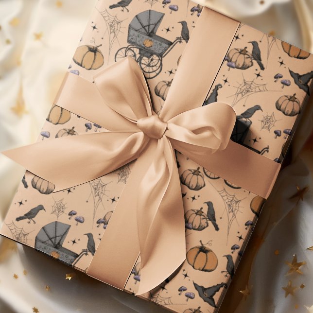 Papel De Presente Carruagem de Bebê Laranja Gótica Halloween (Orange Spooky yet Elegant Victorian Baby Carriage Halloween Wrapping Paper. Hand-Drawn in Black Ink.)