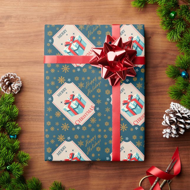 Papel De Presente Cartão de Natal Antigo Com Caixa de Presente Festi (Vintage Christmas Card With Festive Gift Box. Wrapping Paper)