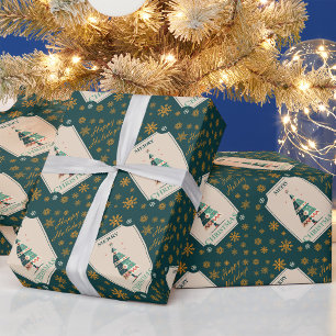 Papel De Presente Cartão de Natal Retro com Design Geométrico de Árv