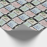 Papel De Presente Cartazes de Cartazes Árvore de Natal Personalizada<br><div class="desc">Papel de embrulho personalizado com selos de correio antigos em azul verde vermelho e bege decorado com um palco, cones de pínus, bagas de inverno e palavras festivas (Deixem-no nevar, Feliz Natal e, Joy Hope Peace Acredite no Natal). A modelo está configurada para personalizar um dos carimbos com seu nome...</div>