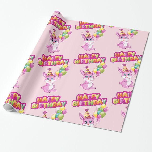 Papel De Presente Cartografia de Bunny Birthday rosa (Desenrolado)
