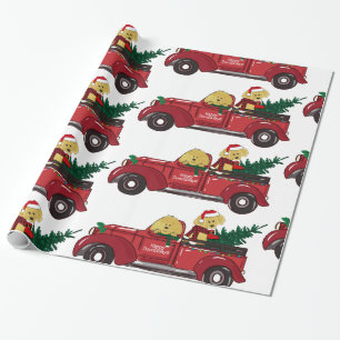 Papel De Presente Cartografia Goldendoodles Caminhão de Natal Vermel
