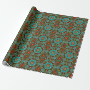 Papel De Presente Cartografia Mandala Flor Azul e Laranja