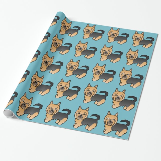 Papel De Presente Cartoon Australiano Terrier Azul e Bege (Desenrolado)