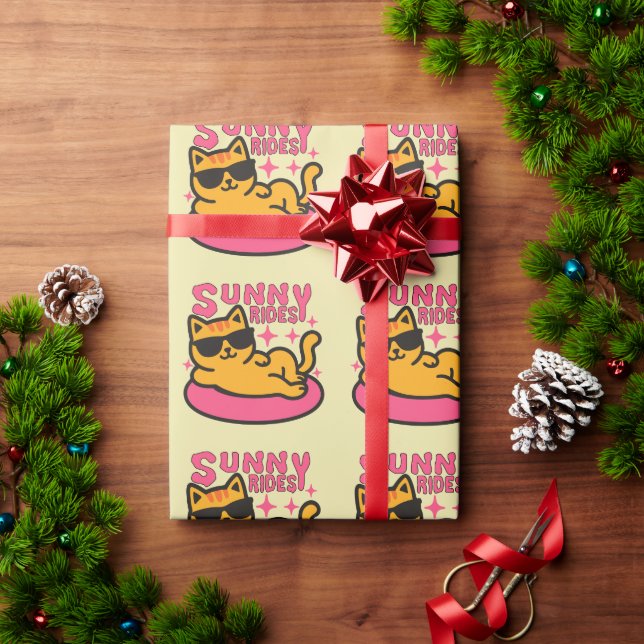 Papel De Presente Cartoon Chill cat em floatie no humor solar (Presente de Natal)