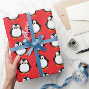 Papel De Presente Cartoon de Pinguim Bonito, Vermelho Inverno