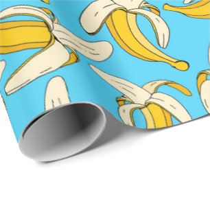 Papel De Presente Cartoon divertido Bananas Aqua Blue Yellow Fruta P