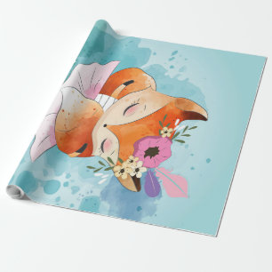 Papel De Presente Cartoon Little Fox Fox Floral Adorável