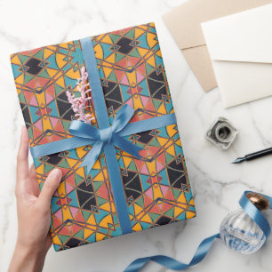 Papel De Presente Cartoon Mandala Amarelo Azul e Laranja