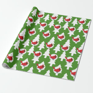Papel De Presente Cartoon Red Cardinal sobre Pinheiros Brancos Verde