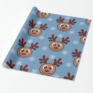 Papel De Presente Cartoon Rudolph Red Nosed Reindeer e Snowflakes