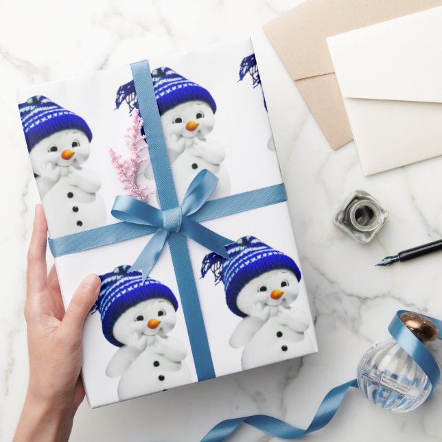 Papel De Presente Cartoon Snowman em Blue & White Wool Wraps (Presentear)