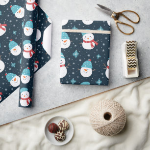 Papel De Presente Cartoon Snowmen Dark Blue White Patterno Presente