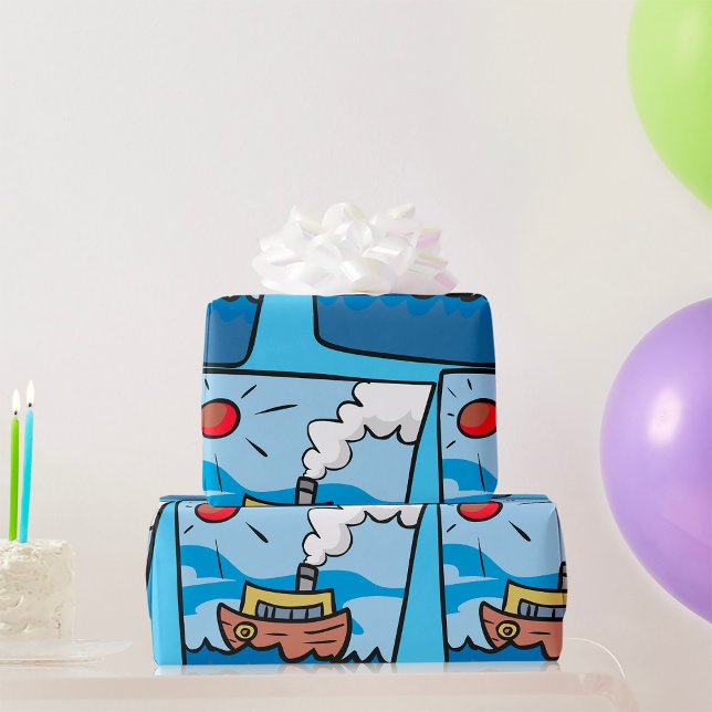 Papel De Presente Cartoon Steamship no Oceano Ondas Arte Náutica (Criador carregado)