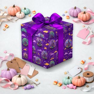 Papel De Presente Casa Assombrada Roxa Caprichosa Padrão de Hallowee