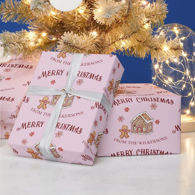 Papel De Presente Casa de Biscoito de Gengibre Fofo Natal Rosa (Feriados)