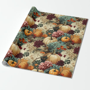 Papel De Presente Casa de Campo Rústica Abóbora Laranja Floral Vinta